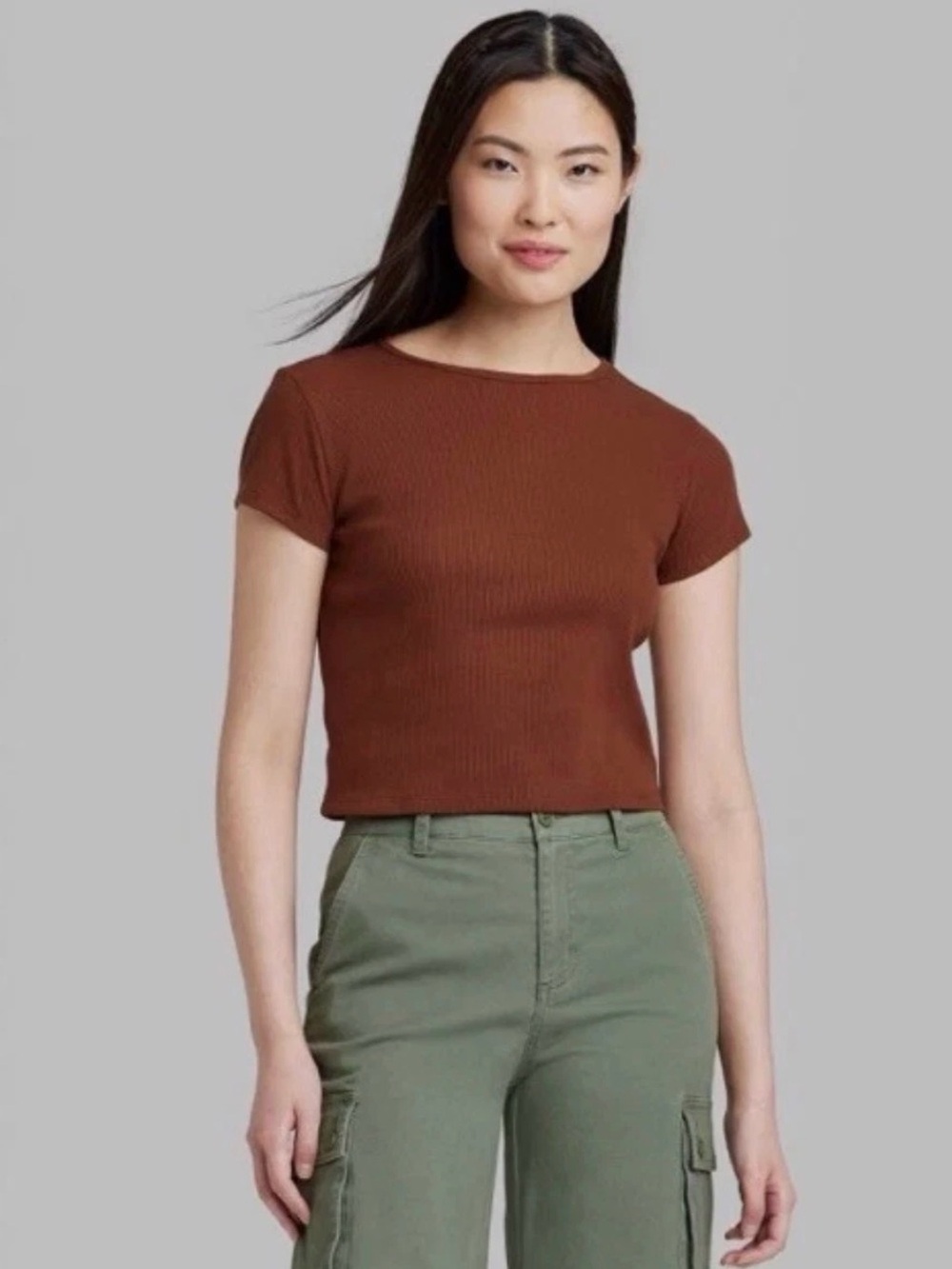 Wild Fable XL Brown Ribbed Short Sleeve Cropped Baby Tee Shirt